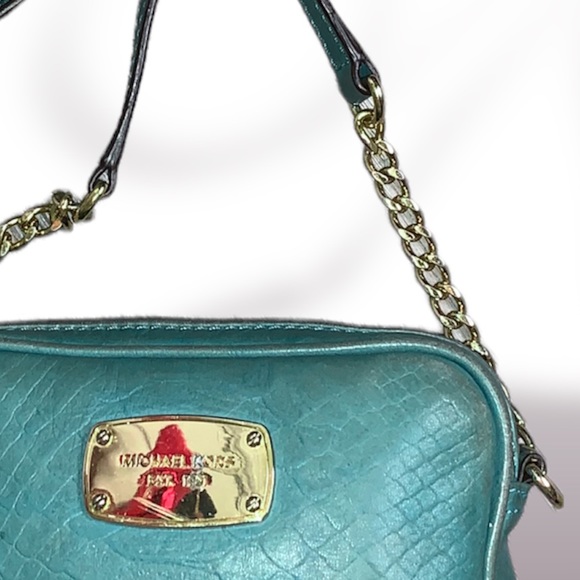 Michael Kors Luxury Leather Hamilton Sling Crossbody Bag in Turquoise & Gold - Picture 3 of 15